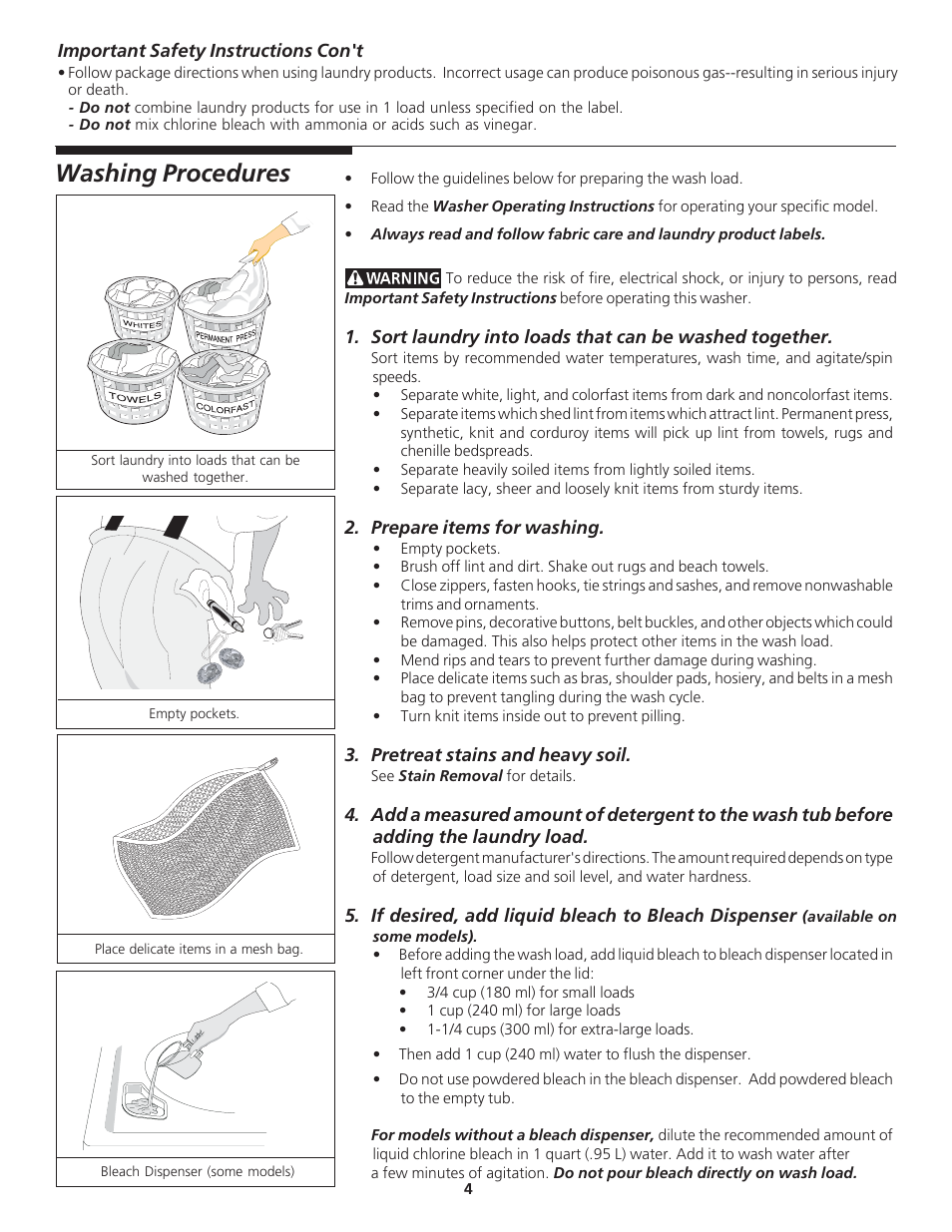 Washing procedures | Crosley 134857400A User Manual | Page 4 / 14