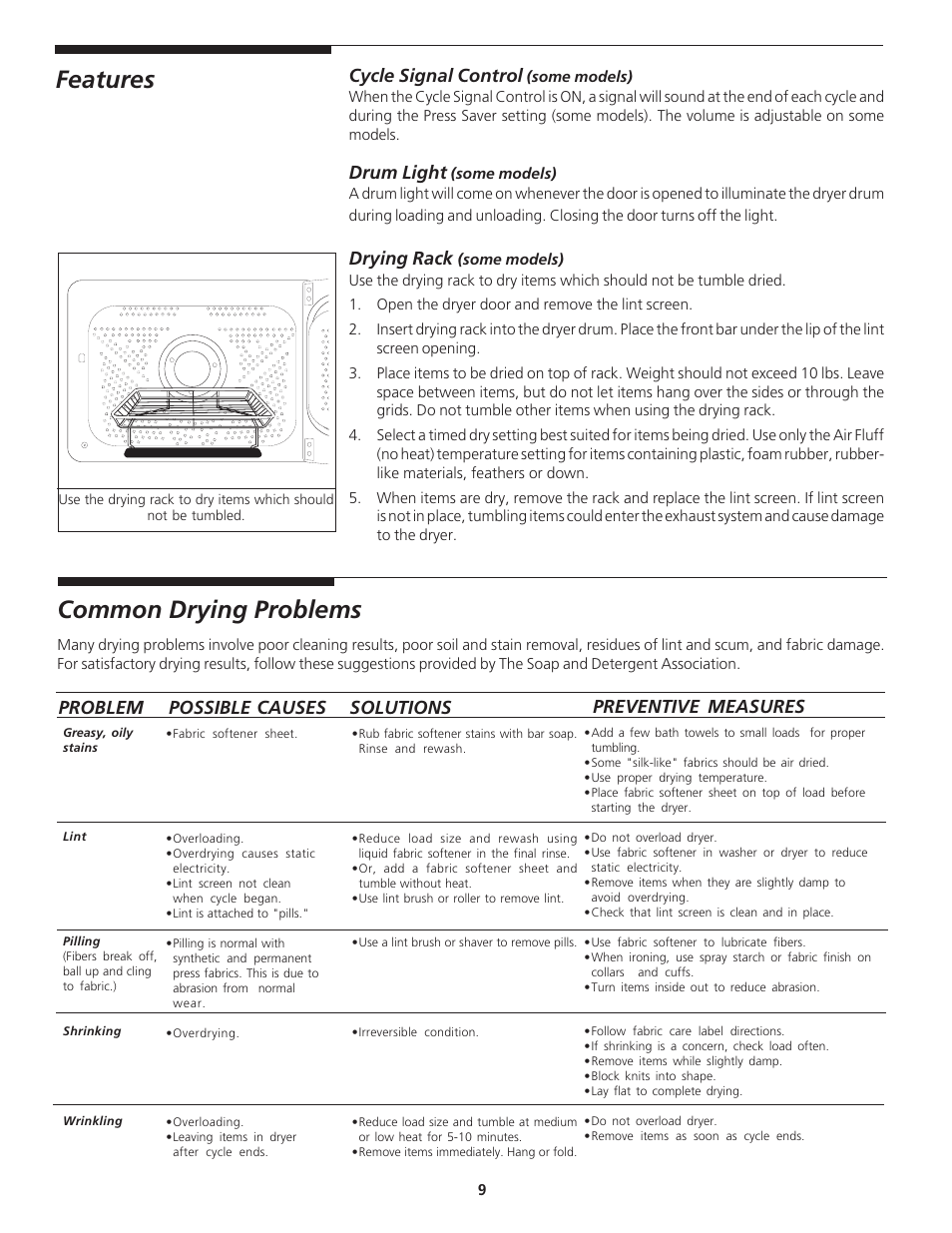 Features, Common drying problems, Cycle signal control | Drum light, Drying rack | Crosley 134857400A User Manual | Page 9 / 14