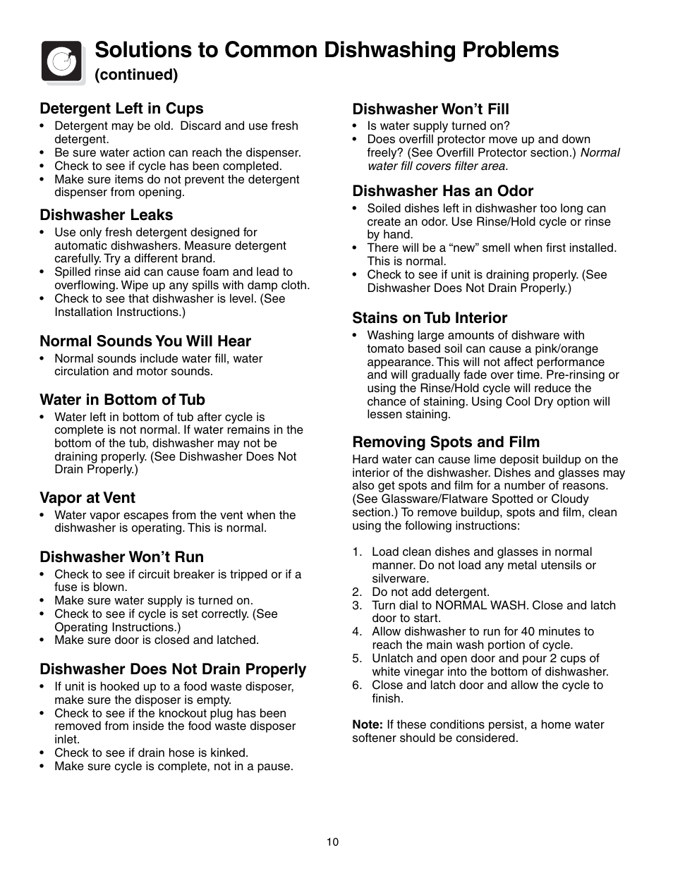 Solutions to common dishwashing problems | Crosley 200 Series User Manual | Page 10 / 12