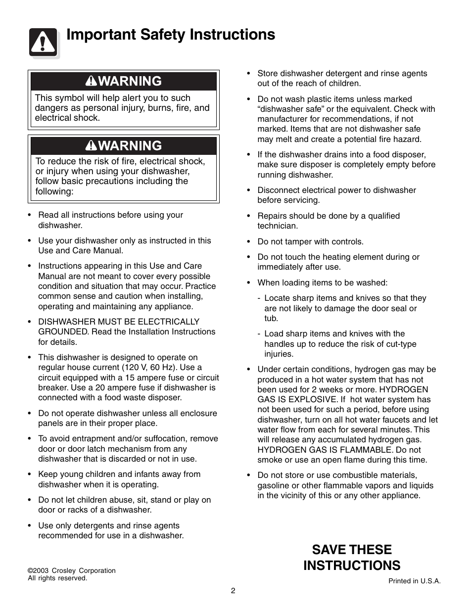 Important safety instructions, Save these instructions | Crosley 200 Series User Manual | Page 2 / 12