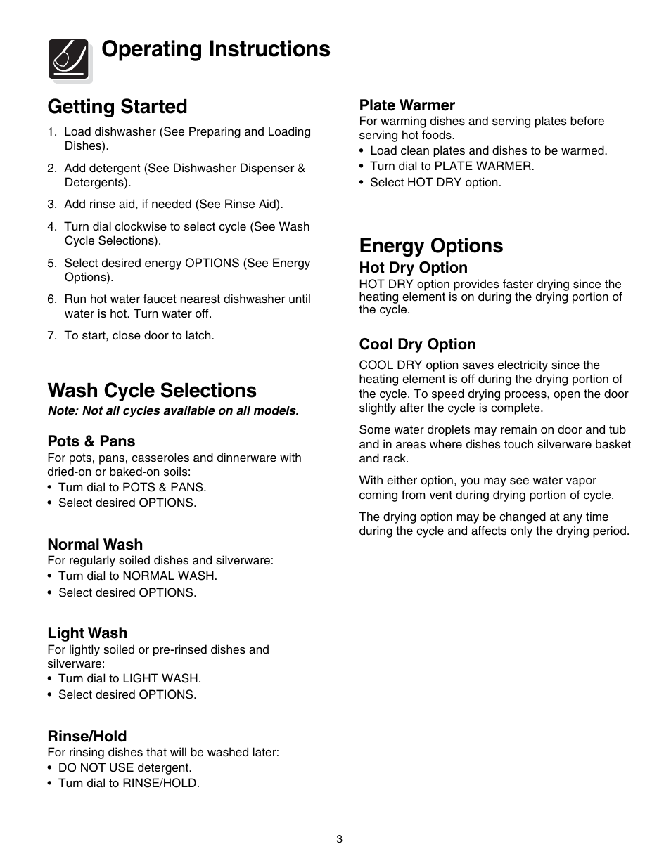 Operating instructions, Getting started, Wash cycle selections | Energy options | Crosley 200 Series User Manual | Page 3 / 12