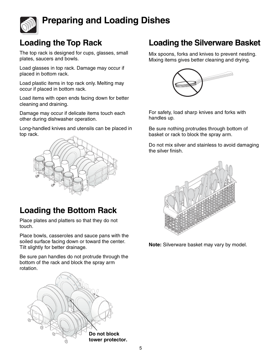 Preparing and loading dishes, Loading the silverware basket, Loading the top rack | Loading the bottom rack | Crosley 200 Series User Manual | Page 5 / 12