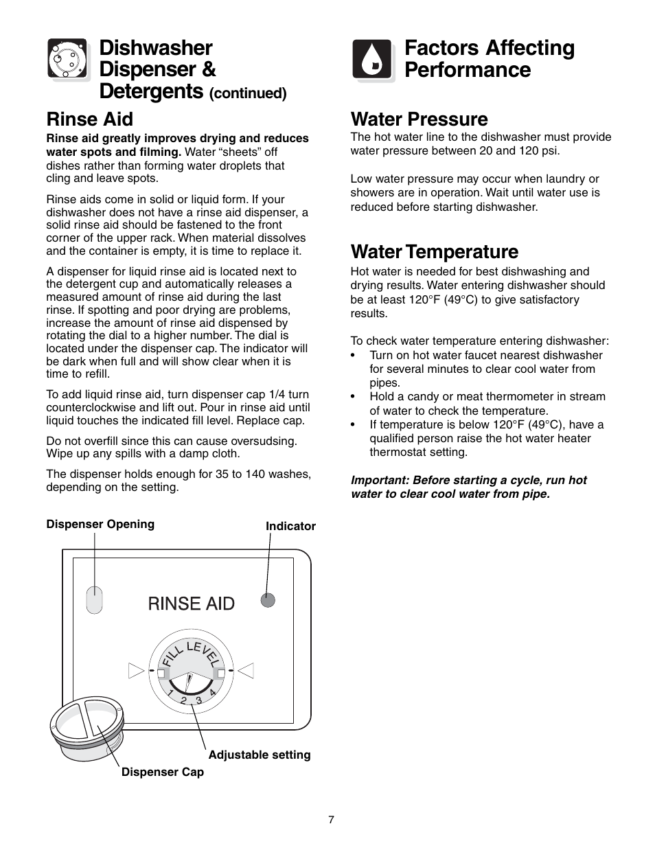 Dishwasher dispenser & detergents, Factors affecting performance, Rinse aid | Water pressure, Water temperature | Crosley 200 Series User Manual | Page 7 / 12