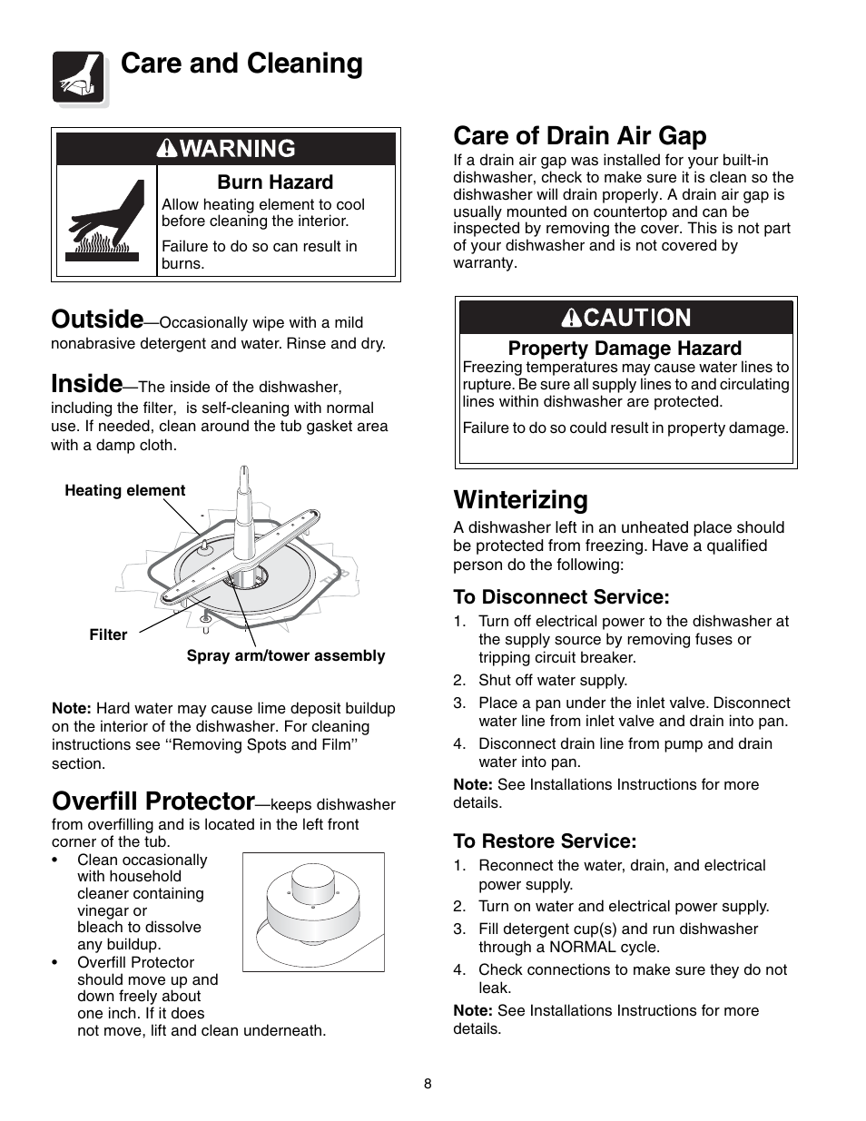 Care and cleaning, Outside, Inside | Care of drain air gap, Overfill protector, Winterizing | Crosley 200 Series User Manual | Page 8 / 12