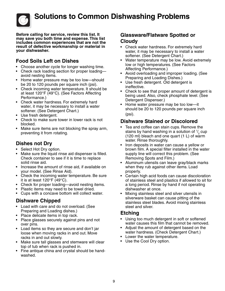 Solutions to common dishwashing problems, Food soils left on dishes, Dishes not dry | Dishware chipped, Glassware/flatware spotted or cloudy, Dishware stained or discolored, Etching | Crosley 200 Series User Manual | Page 9 / 12