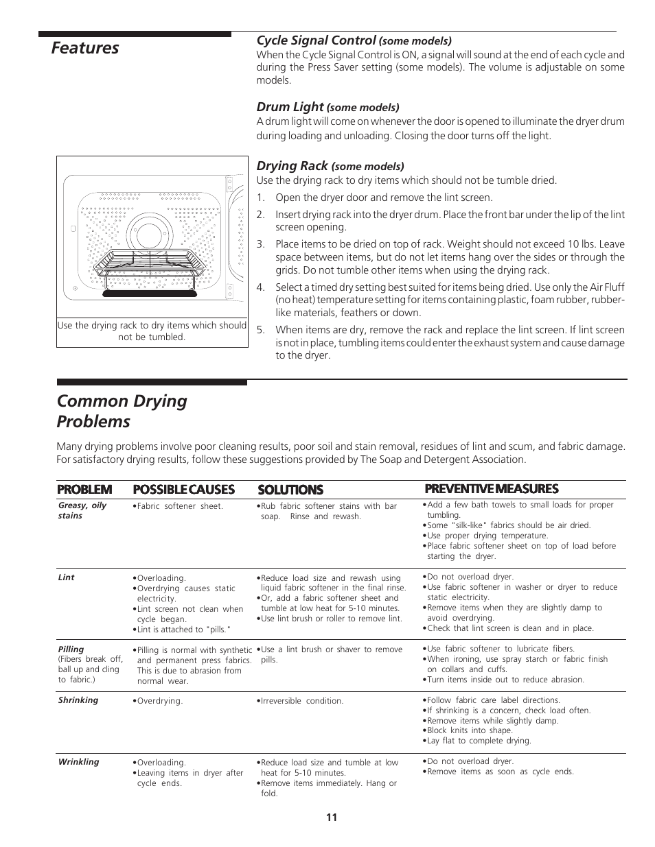 Features, Common drying problems, Cycle signal control | Drum light, Drying rack, Problem, Solutions, Preventive measures | Crosley 134860900A User Manual | Page 11 / 16