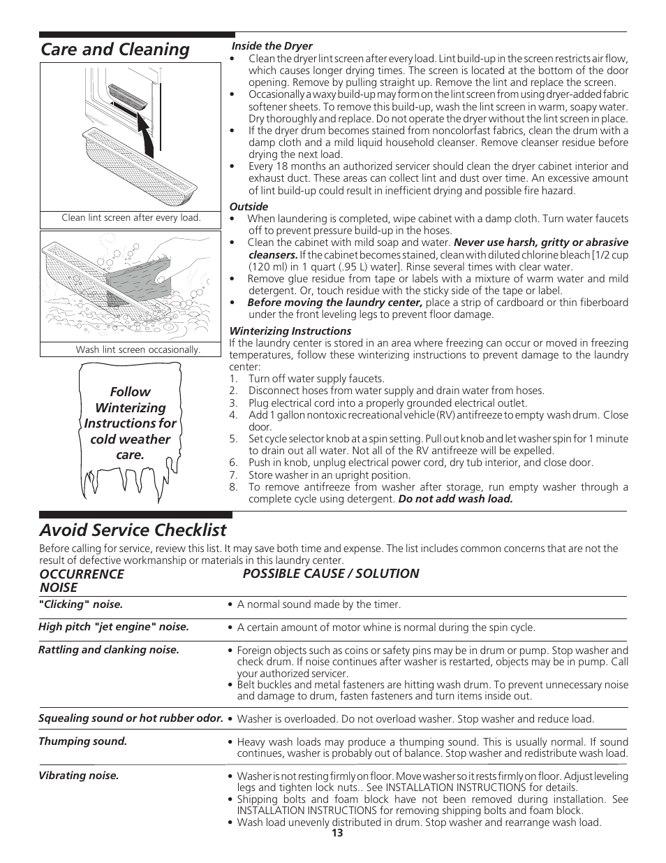 Avoid service checklist, Care and cleaning | Crosley 134860900A User Manual | Page 13 / 16