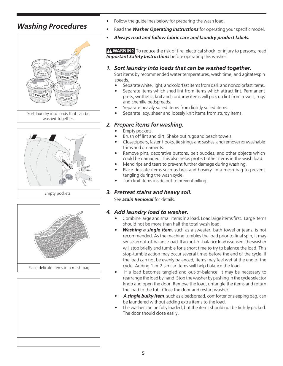 Washing procedures | Crosley 134860900A User Manual | Page 5 / 16