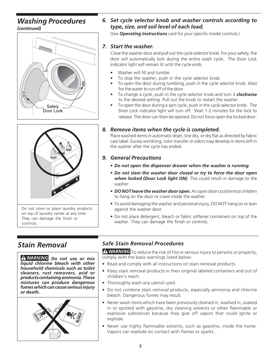 Washing procedures, Stain removal | Crosley 134860900A User Manual | Page 7 / 16