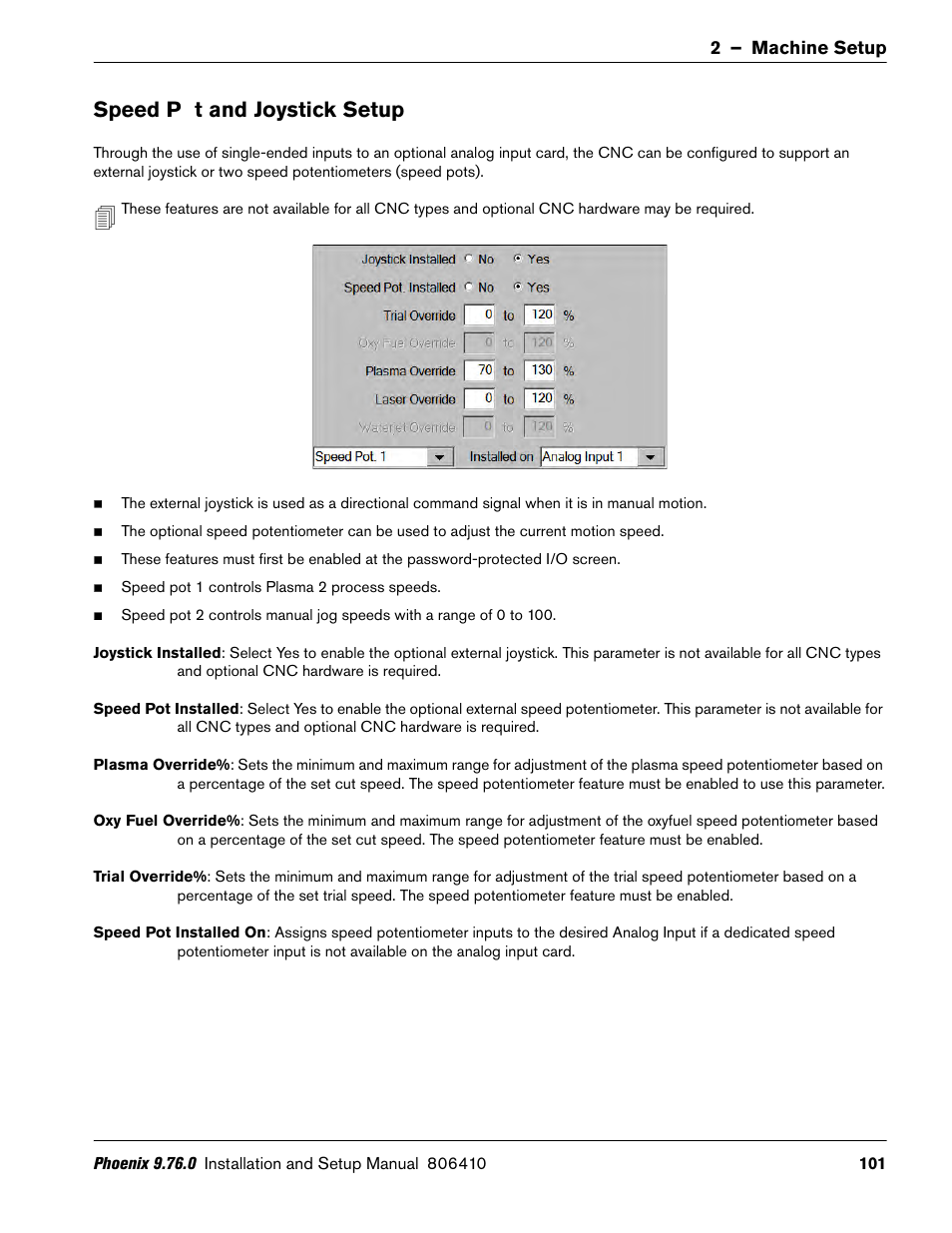 Speed pot and joystick setup, Speed pot and jo, Speed p ot and joystick setup | Hypertherm V9 Series Phoenix Rev.11 User Manual | Page 101 / 294