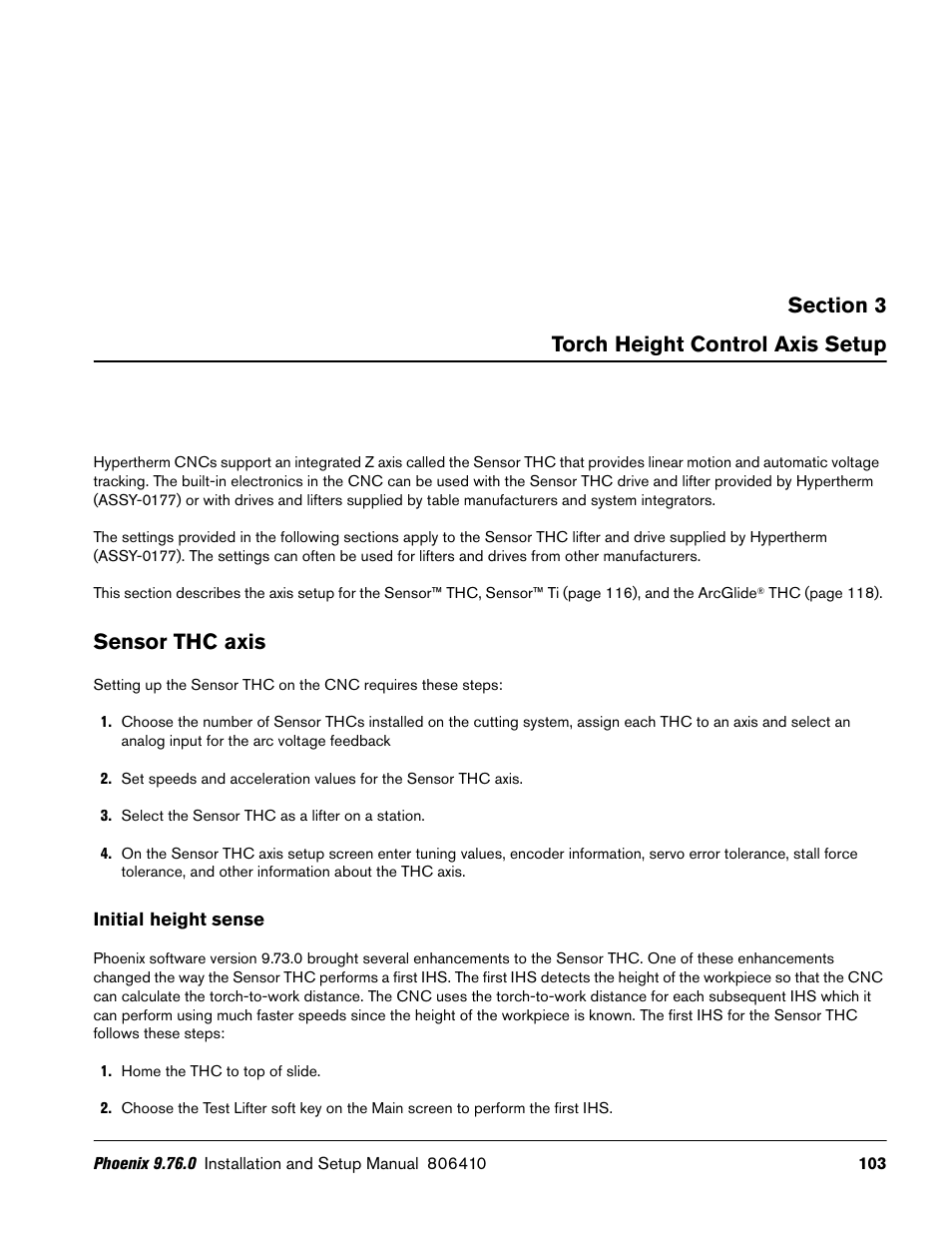 Torch height control axis setup, Sensor thc axis, Initial height sense | Hypertherm V9 Series Phoenix Rev.11 User Manual | Page 103 / 294