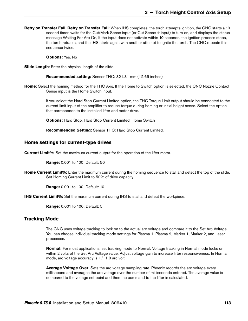 Home settings for current-type drives, Tracking mode | Hypertherm V9 Series Phoenix Rev.11 User Manual | Page 113 / 294