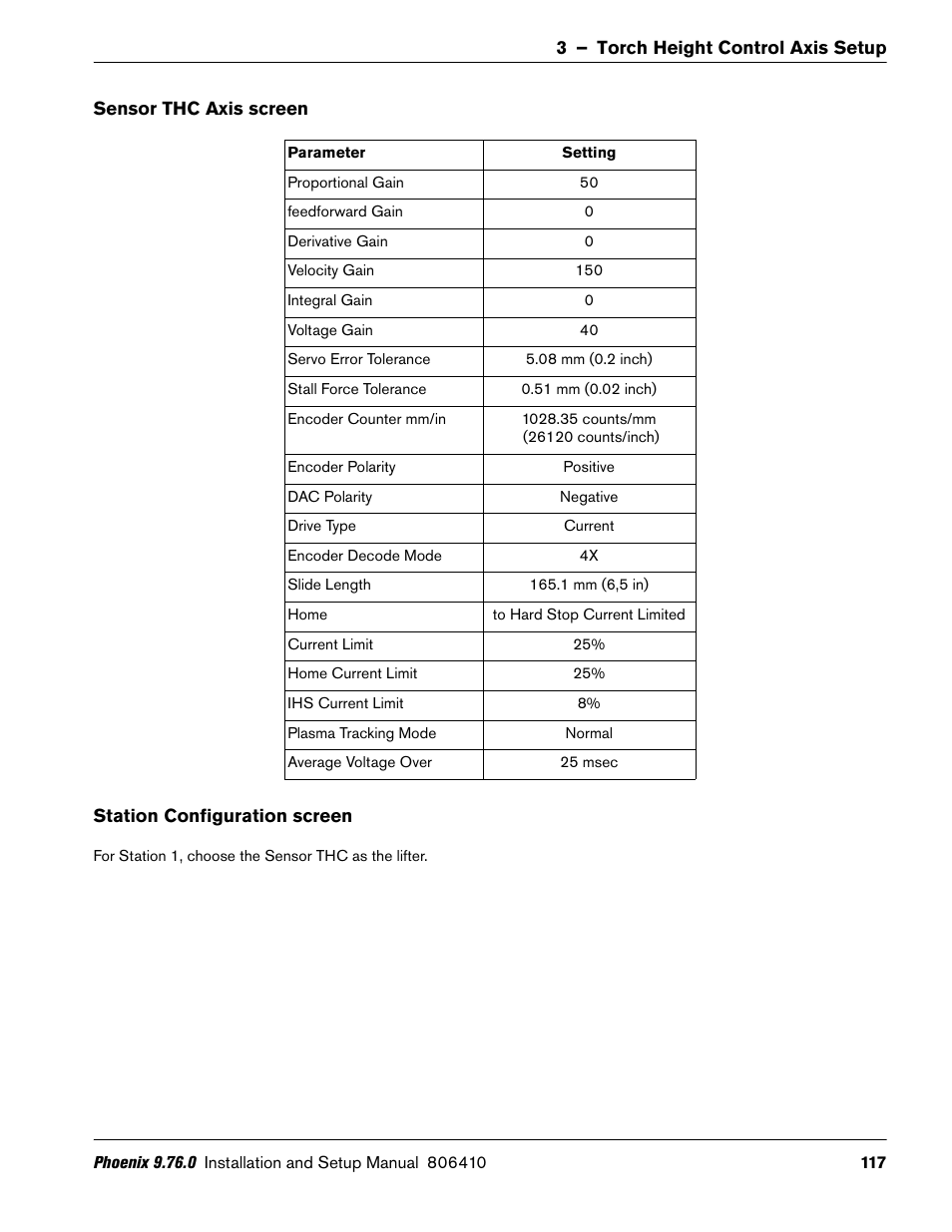 Sensor thc axis screen, Station configuration screen | Hypertherm V9 Series Phoenix Rev.11 User Manual | Page 117 / 294