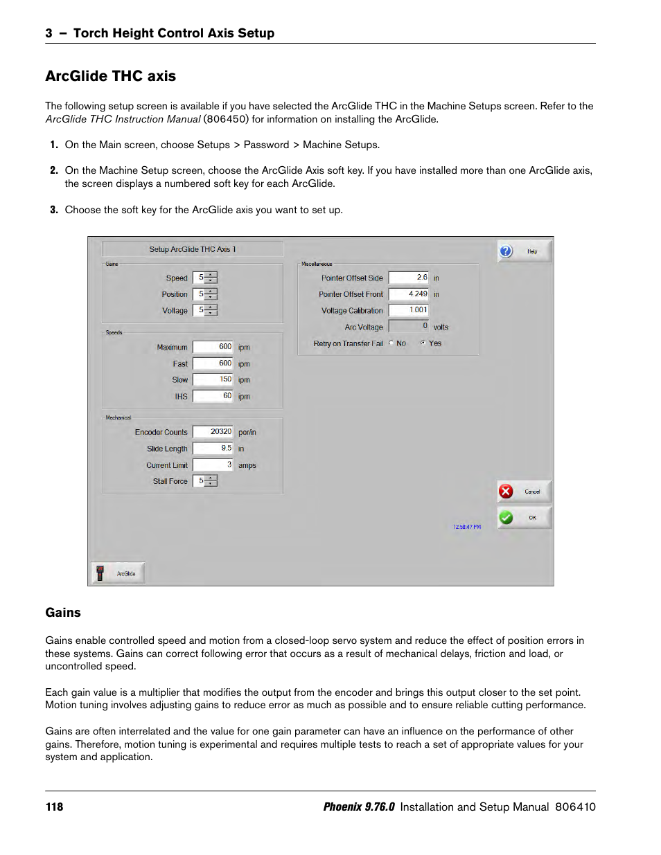 Arcglide thc axis, Gains | Hypertherm V9 Series Phoenix Rev.11 User Manual | Page 118 / 294