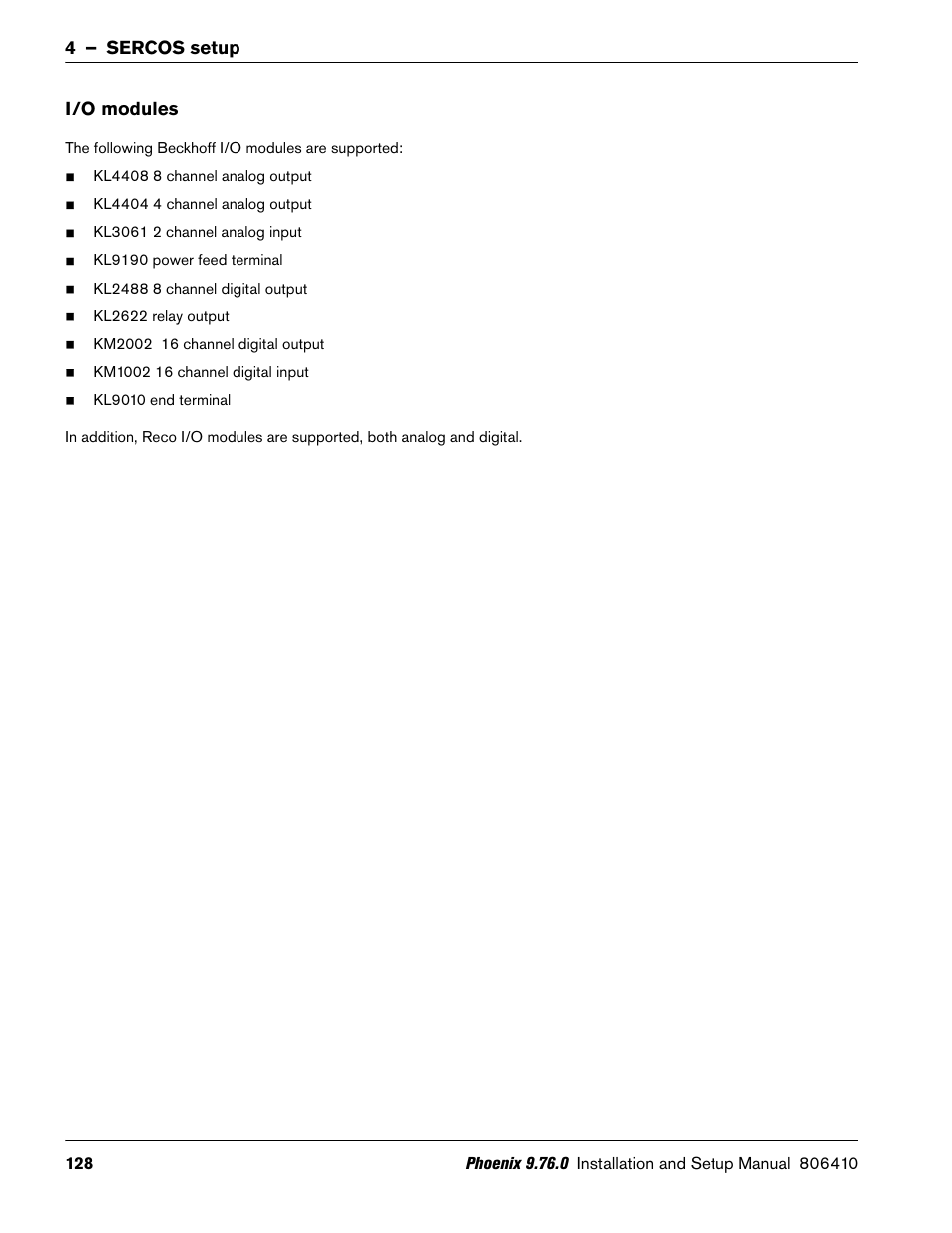 I/o modules, 4 – sercos setup i/o modules | Hypertherm V9 Series Phoenix Rev.11 User Manual | Page 128 / 294