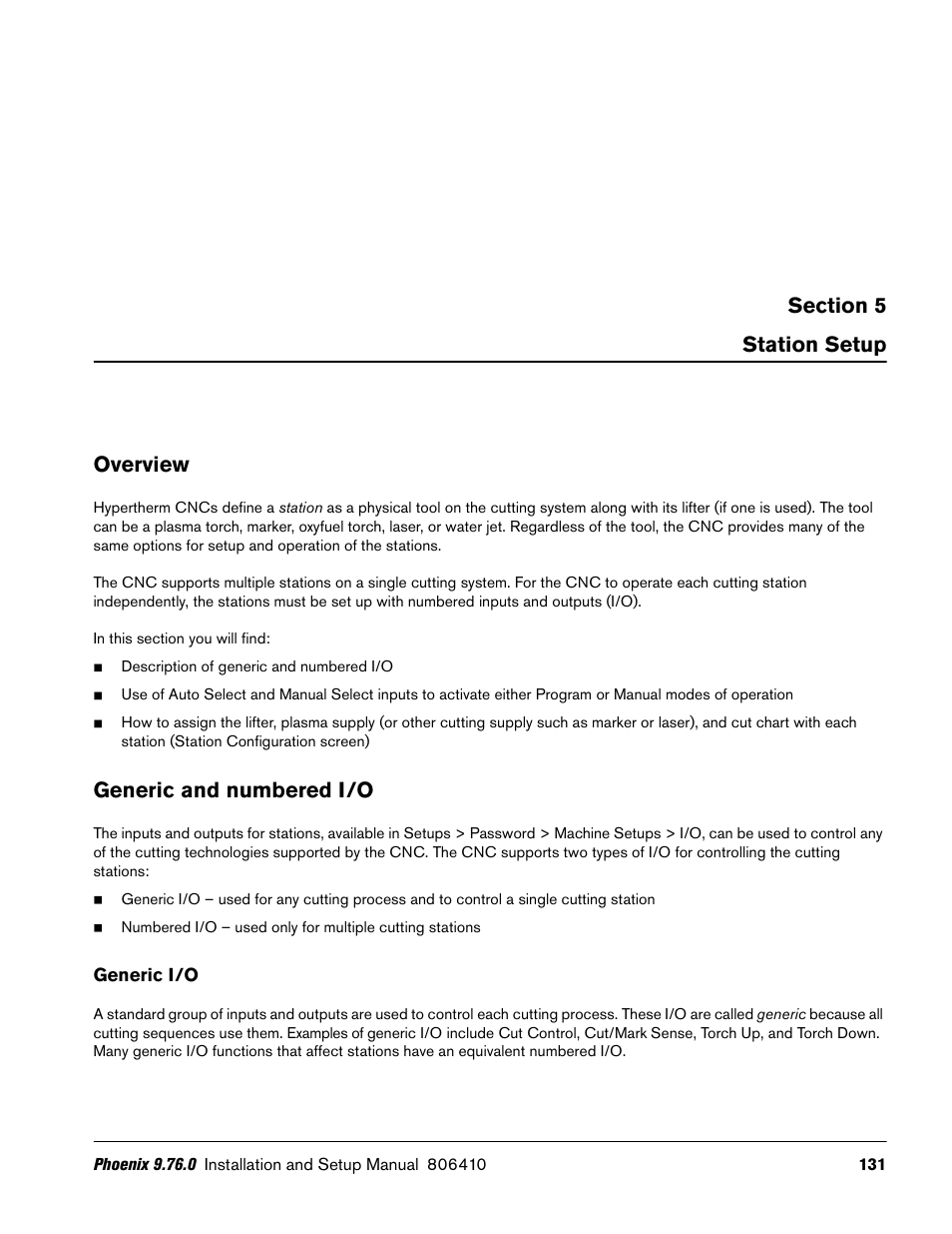 Station setup, Overview, Generic and numbered i/o | Generic i/o | Hypertherm V9 Series Phoenix Rev.11 User Manual | Page 131 / 294