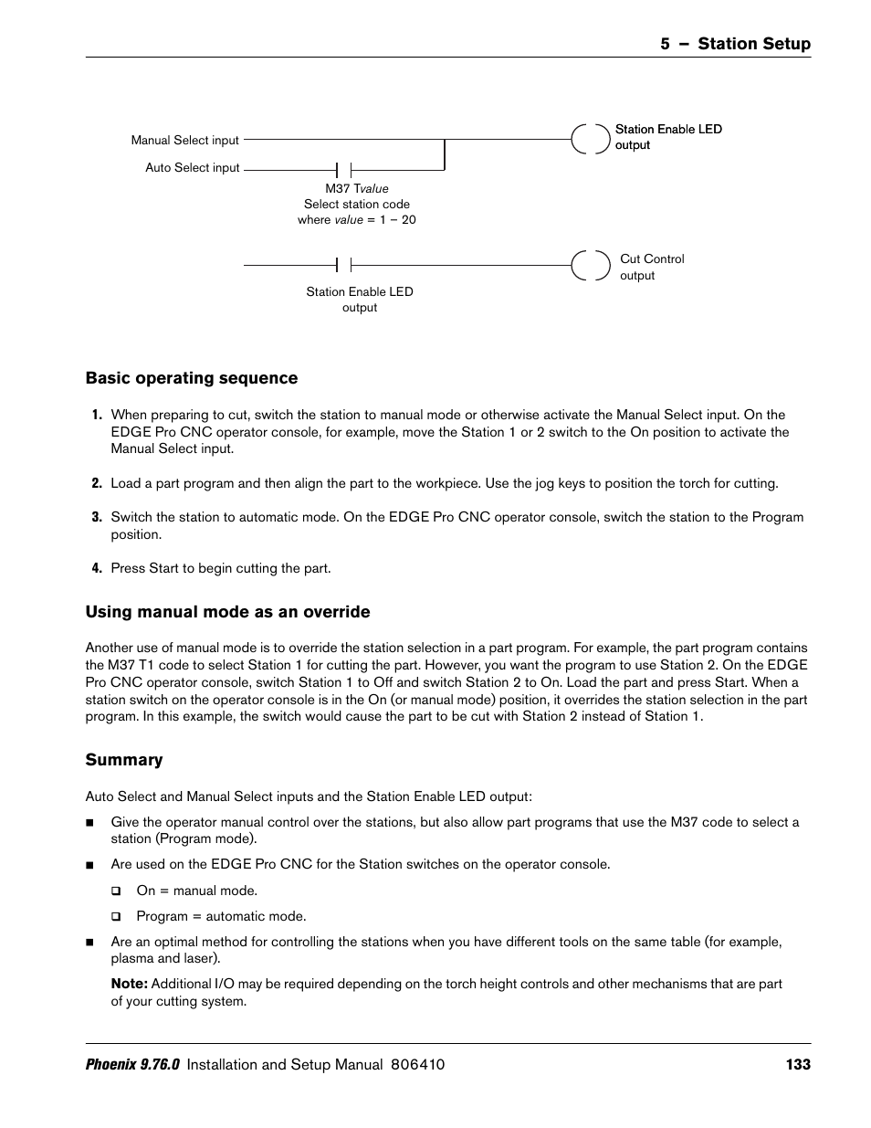 Basic operating sequence, Using manual mode as an override, Summary | Hypertherm V9 Series Phoenix Rev.11 User Manual | Page 133 / 294