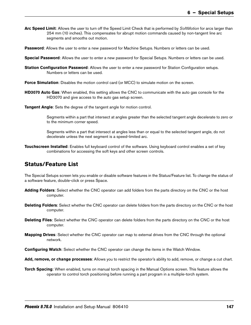 Status/feature list | Hypertherm V9 Series Phoenix Rev.11 User Manual | Page 147 / 294
