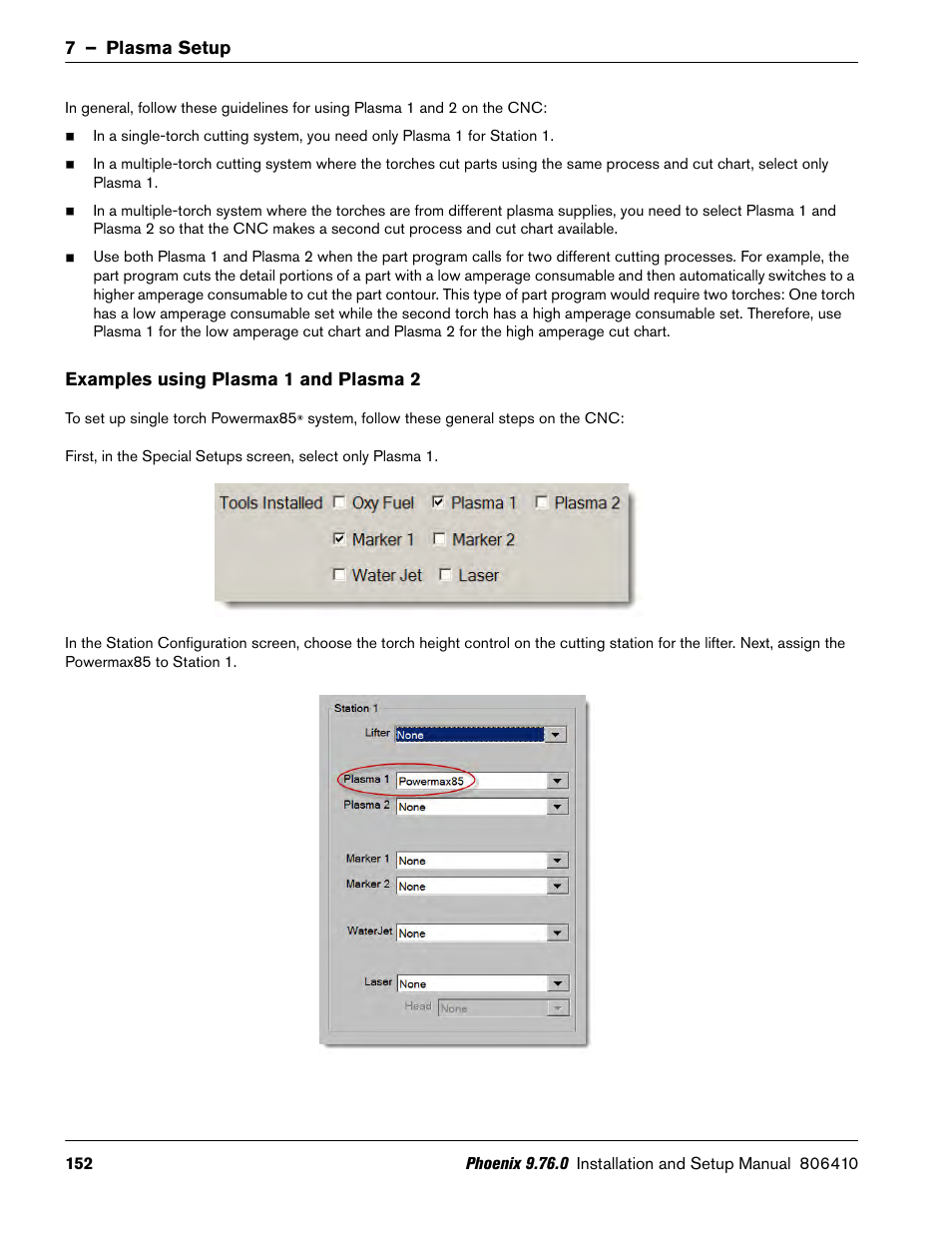 Examples using plasma 1 and plasma 2, 7 – plasma setup | Hypertherm V9 Series Phoenix Rev.11 User Manual | Page 152 / 294