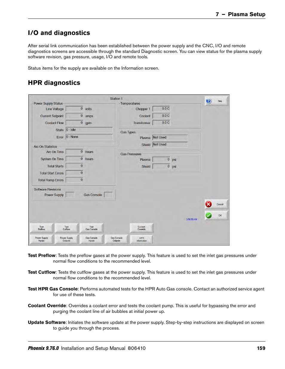 I/o and diagnostics, Hpr diagnostics | Hypertherm V9 Series Phoenix Rev.11 User Manual | Page 159 / 294