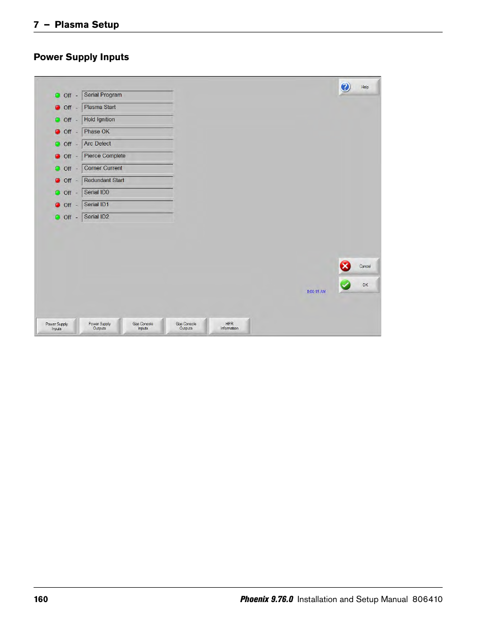 Power supply inputs | Hypertherm V9 Series Phoenix Rev.11 User Manual | Page 160 / 294