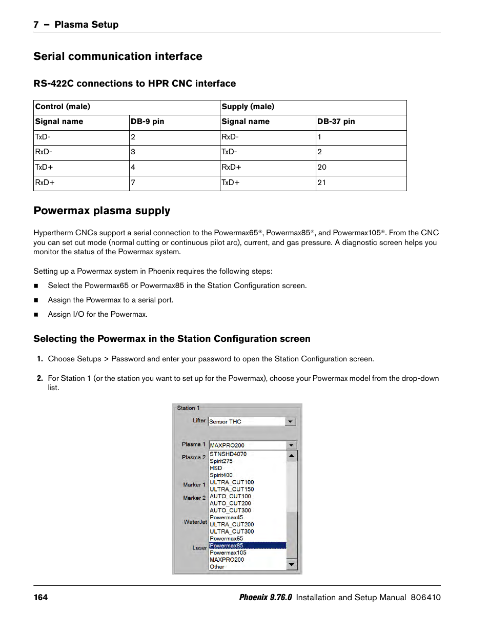 Serial communication interface, Rs-422c connections to hpr cnc interface, Powermax plasma supply | Hypertherm V9 Series Phoenix Rev.11 User Manual | Page 164 / 294