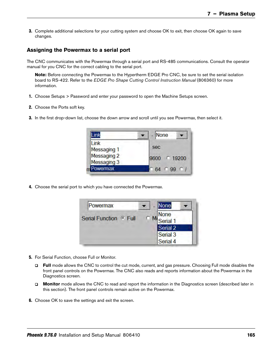 Assigning the powermax to a serial port | Hypertherm V9 Series Phoenix Rev.11 User Manual | Page 165 / 294