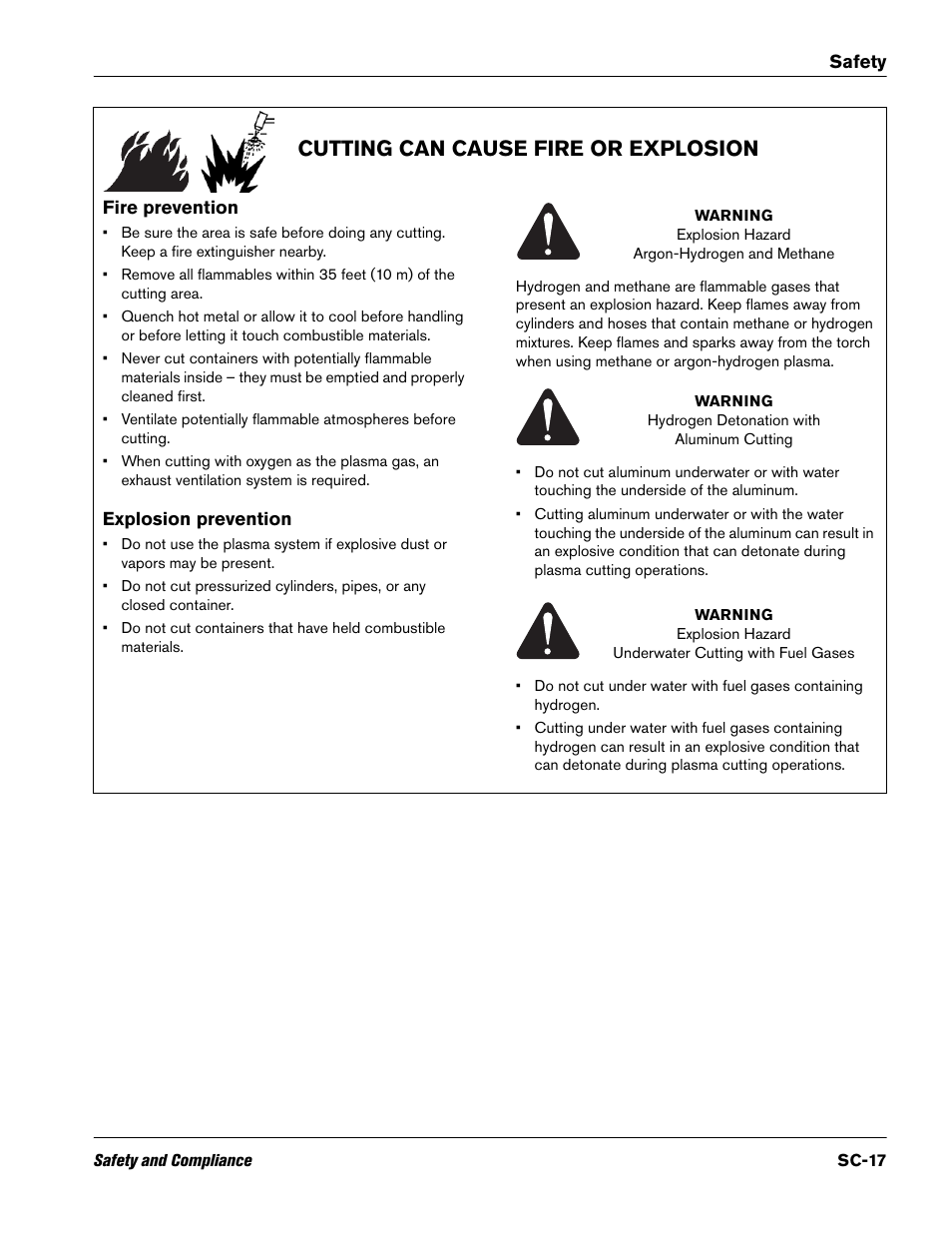 Cutting can cause fire or explosion, Fire prevention, Explosion prevention | Hypertherm V9 Series Phoenix Rev.11 User Manual | Page 17 / 294
