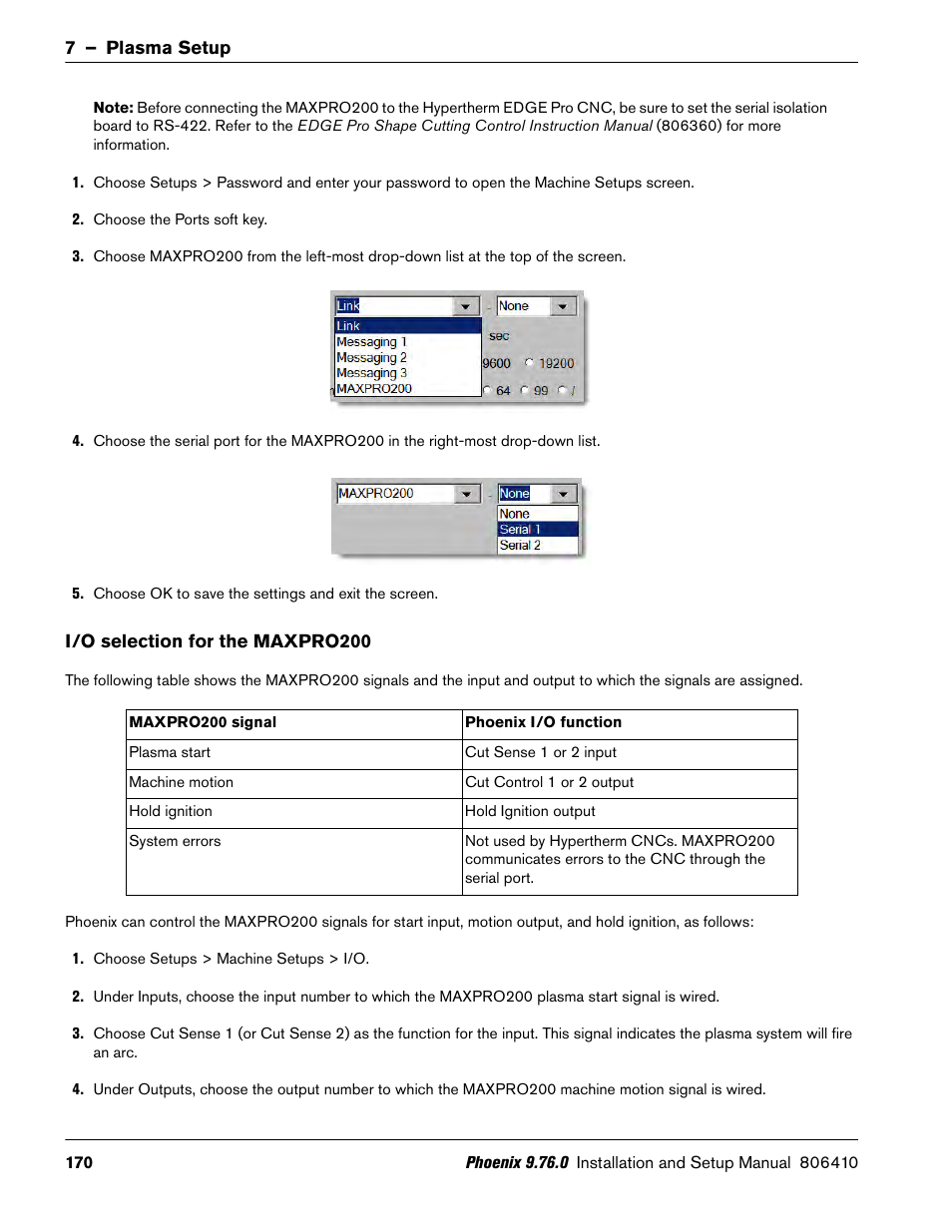I/o selection for the maxpro200 | Hypertherm V9 Series Phoenix Rev.11 User Manual | Page 170 / 294