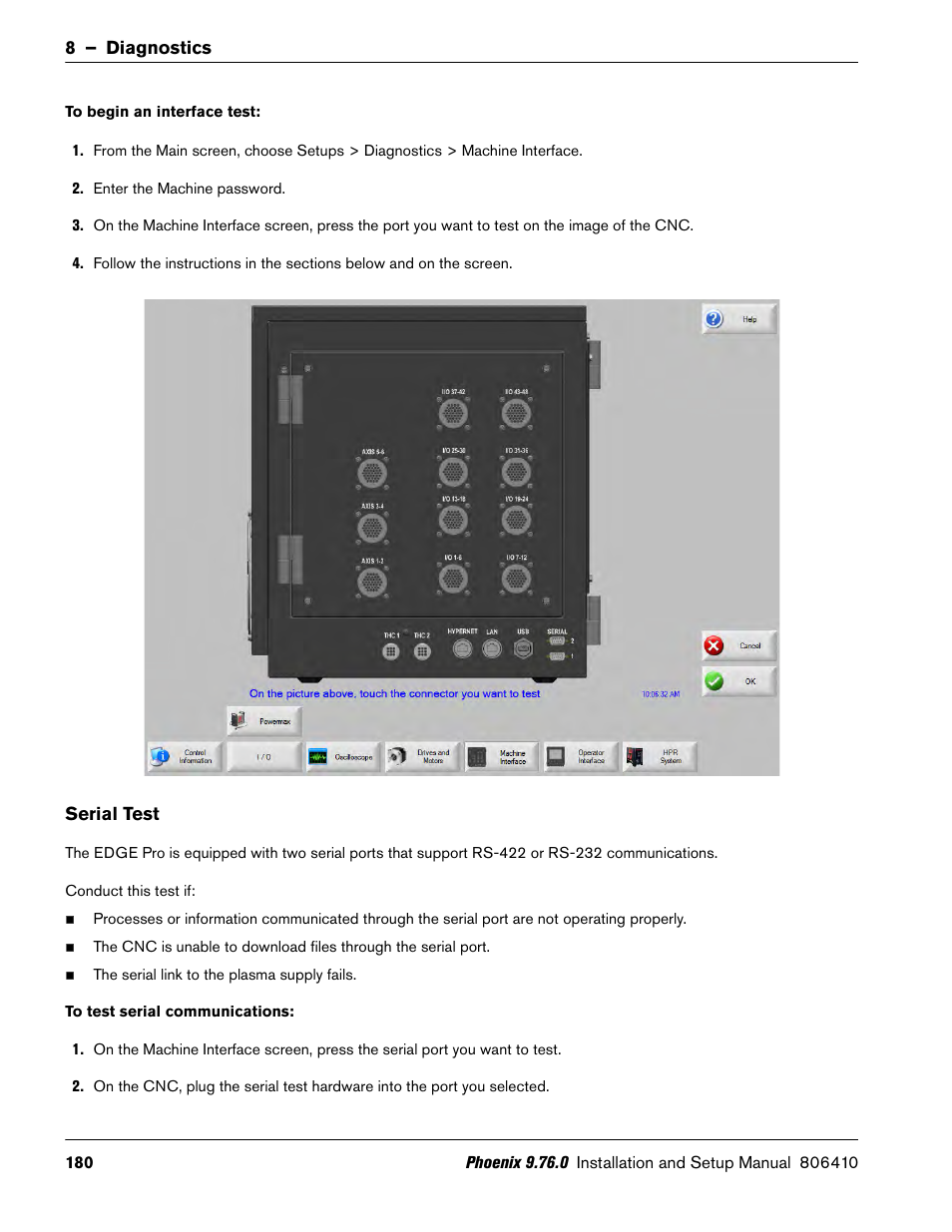 Serial test | Hypertherm V9 Series Phoenix Rev.11 User Manual | Page 180 / 294