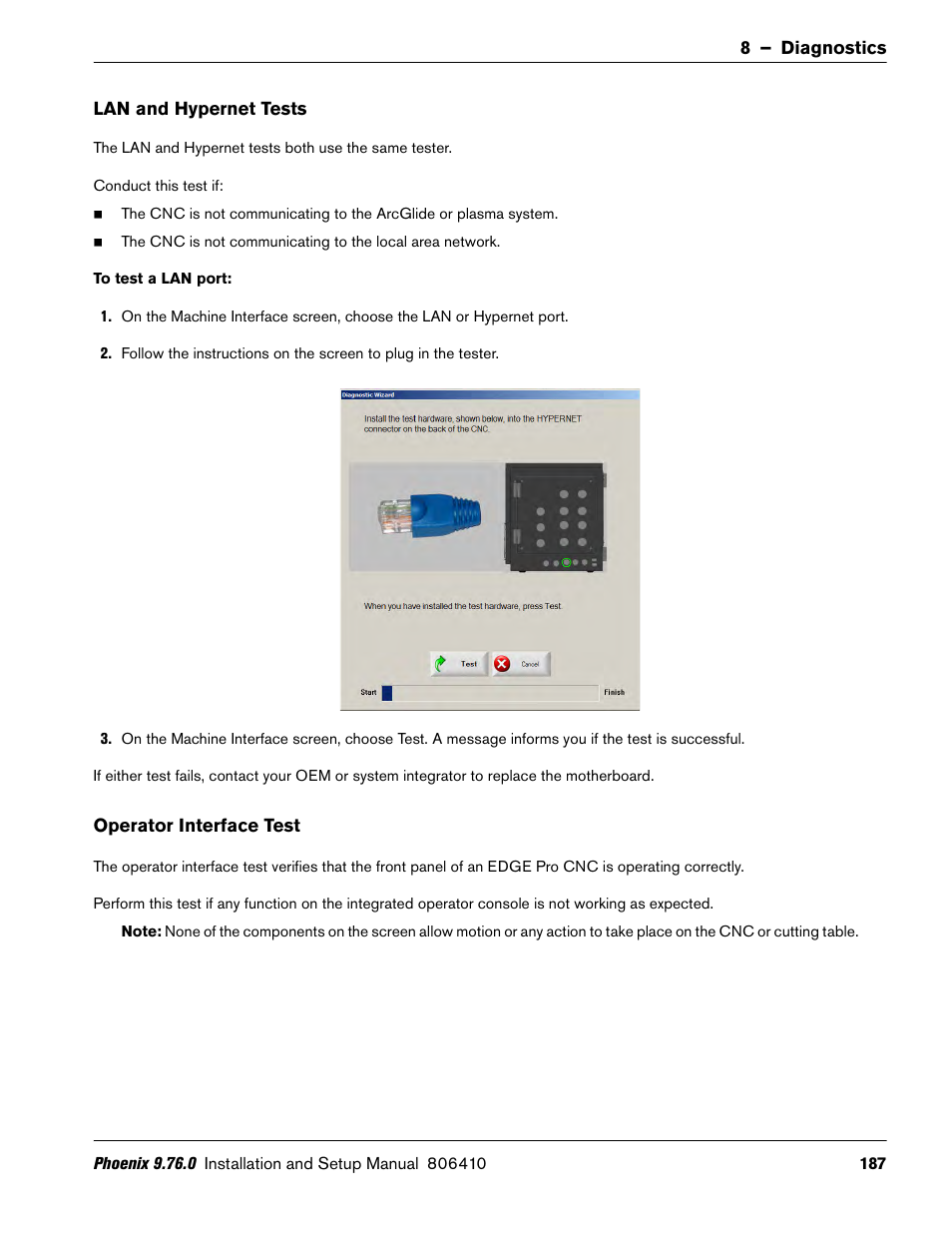 Lan and hypernet tests, Operator interface test | Hypertherm V9 Series Phoenix Rev.11 User Manual | Page 187 / 294