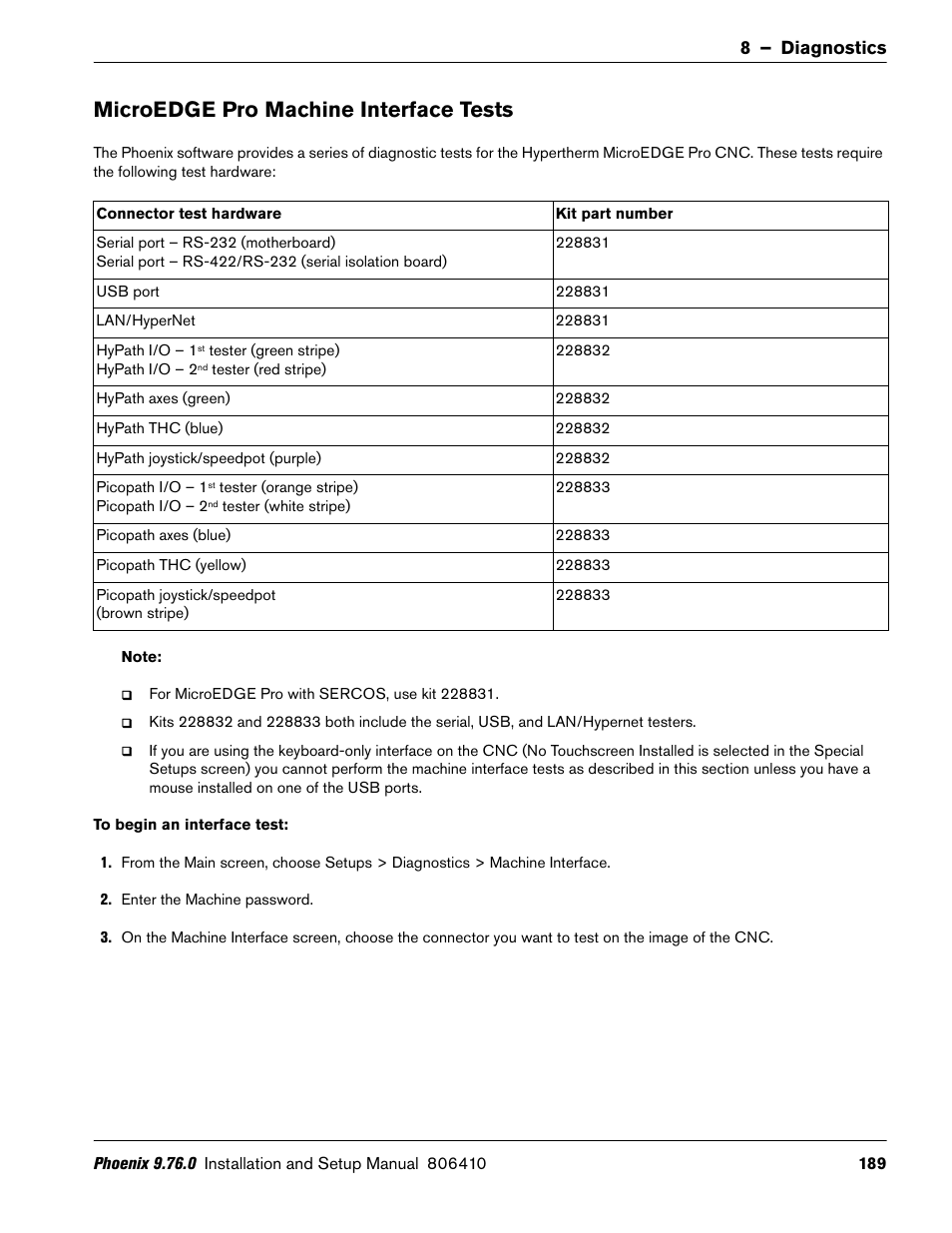 Microedge pro machine interface tests | Hypertherm V9 Series Phoenix Rev.11 User Manual | Page 189 / 294