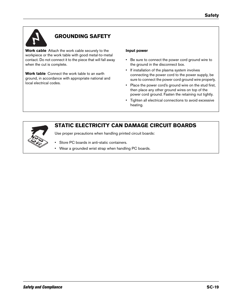 Grounding safety, Static electricity can damage circuit boards | Hypertherm V9 Series Phoenix Rev.11 User Manual | Page 19 / 294