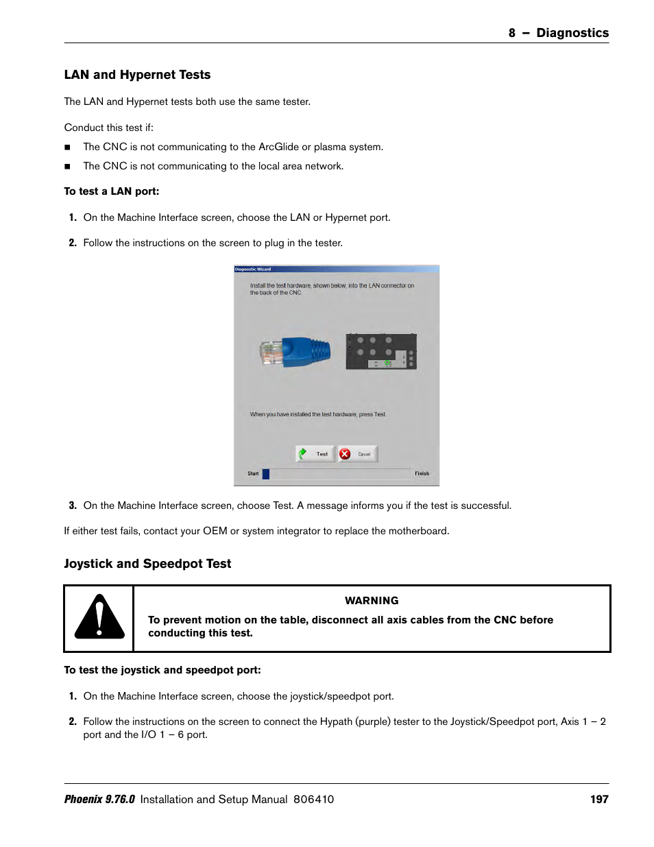 Lan and hypernet tests, Joystick and speedpot test | Hypertherm V9 Series Phoenix Rev.11 User Manual | Page 197 / 294