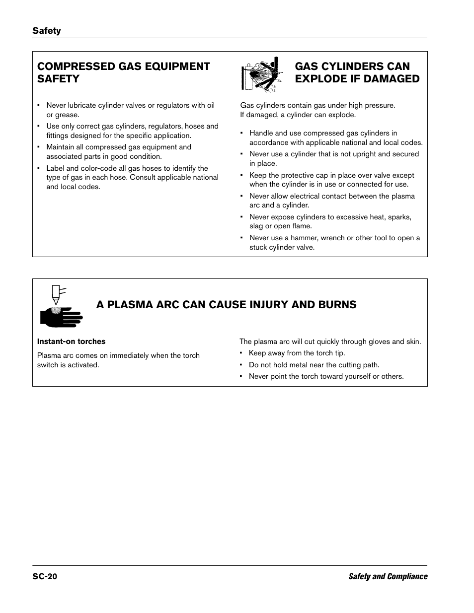 Compressed gas equipment safety, Gas cylinders can explode if damaged, A plasma arc can cause injury and burns | Hypertherm V9 Series Phoenix Rev.11 User Manual | Page 20 / 294