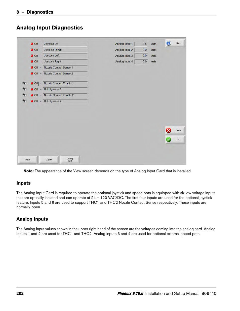 Analog input diagnostics, Inputs, Analog inputs | Hypertherm V9 Series Phoenix Rev.11 User Manual | Page 202 / 294