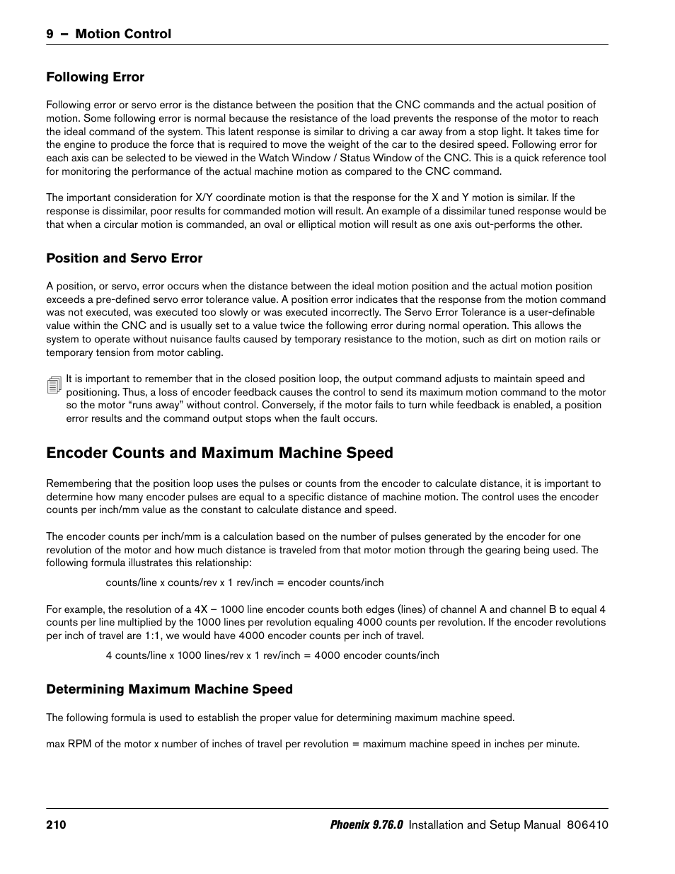 Following error, Position and servo error, Encoder counts and maximum machine speed | Determining maximum machine speed | Hypertherm V9 Series Phoenix Rev.11 User Manual | Page 210 / 294