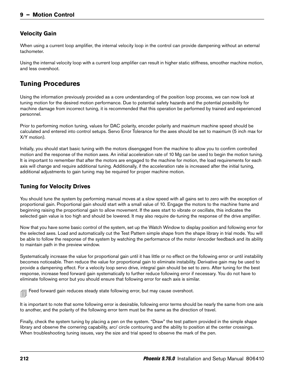 Velocity gain, Tuning procedures, Tuning for velocity drives | Hypertherm V9 Series Phoenix Rev.11 User Manual | Page 212 / 294