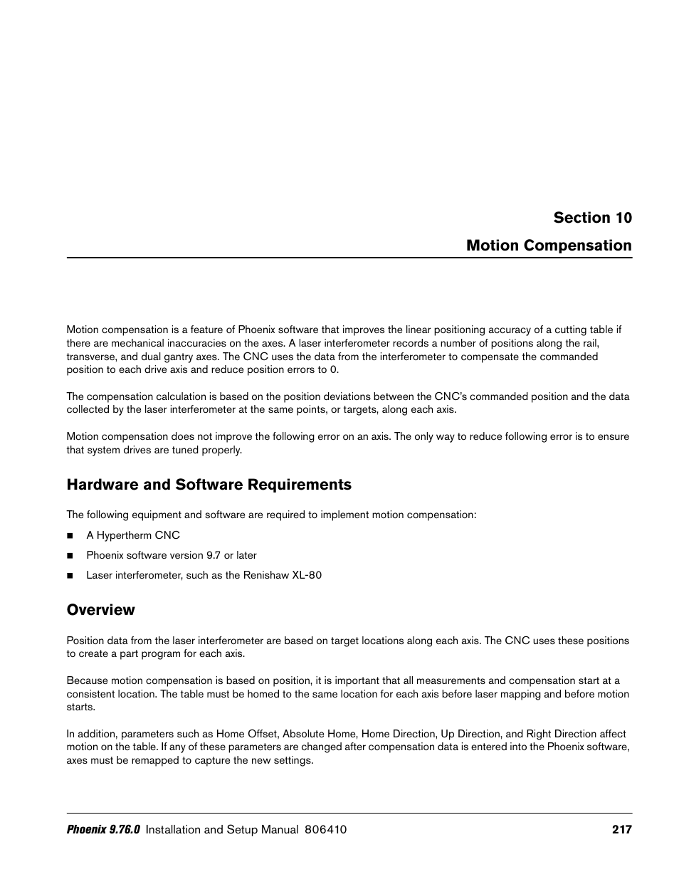 Motion compensation, Hardware and software requirements, Overview | Hypertherm V9 Series Phoenix Rev.11 User Manual | Page 217 / 294