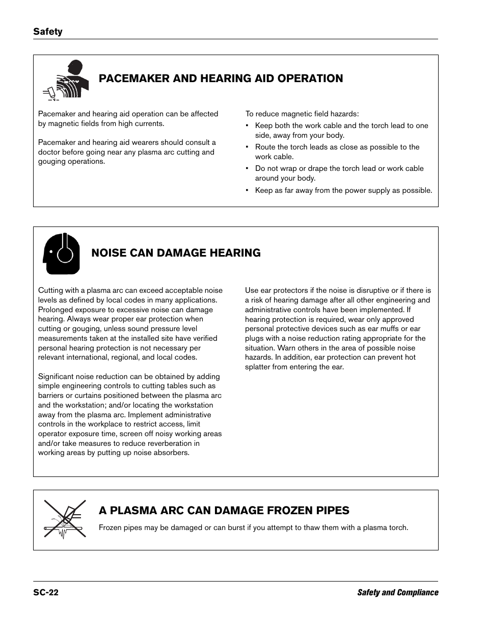 Pacemaker and hearing aid operation, Noise can damage hearing, A plasma arc can damage frozen pipes | Hypertherm V9 Series Phoenix Rev.11 User Manual | Page 22 / 294