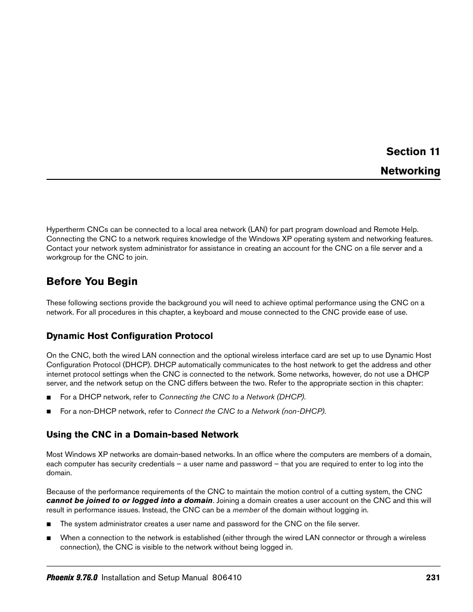 Networking, Before you begin, Dynamic host configuration protocol | Using the cnc in a domain-based network | Hypertherm V9 Series Phoenix Rev.11 User Manual | Page 231 / 294