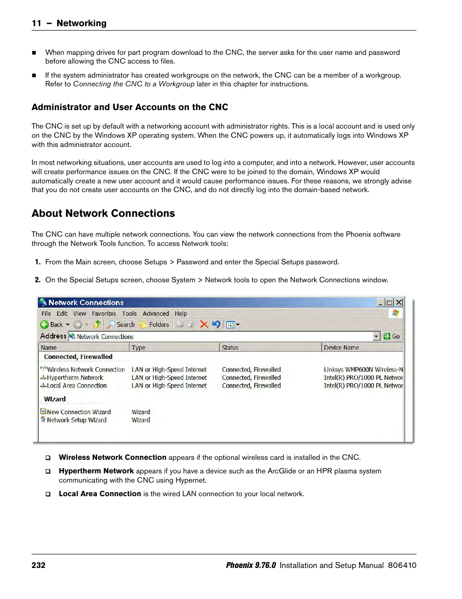 Administrator and user accounts on the cnc, About network connections | Hypertherm V9 Series Phoenix Rev.11 User Manual | Page 232 / 294