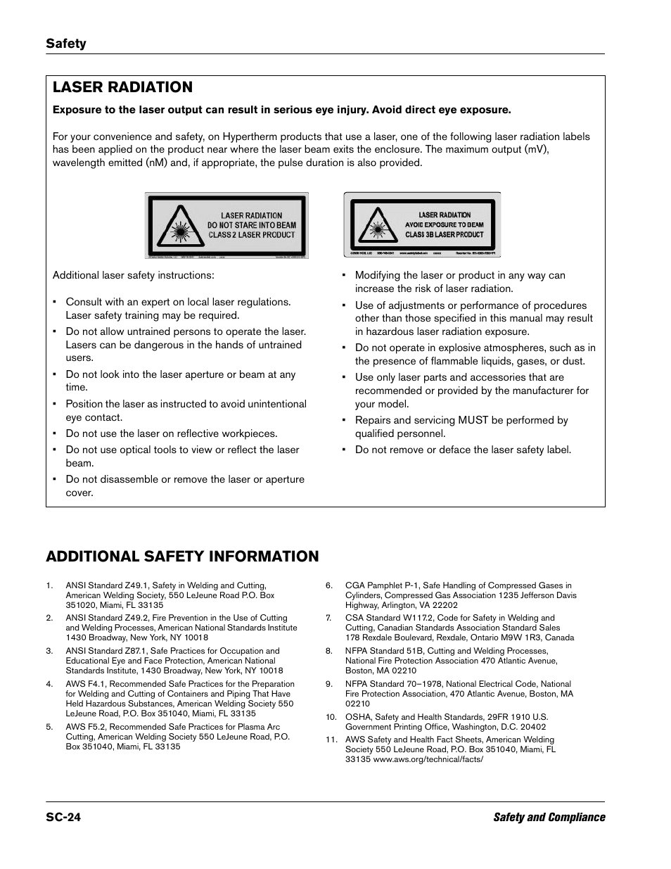 Laser radiation, Additional safety information, Safety | Hypertherm V9 Series Phoenix Rev.11 User Manual | Page 24 / 294