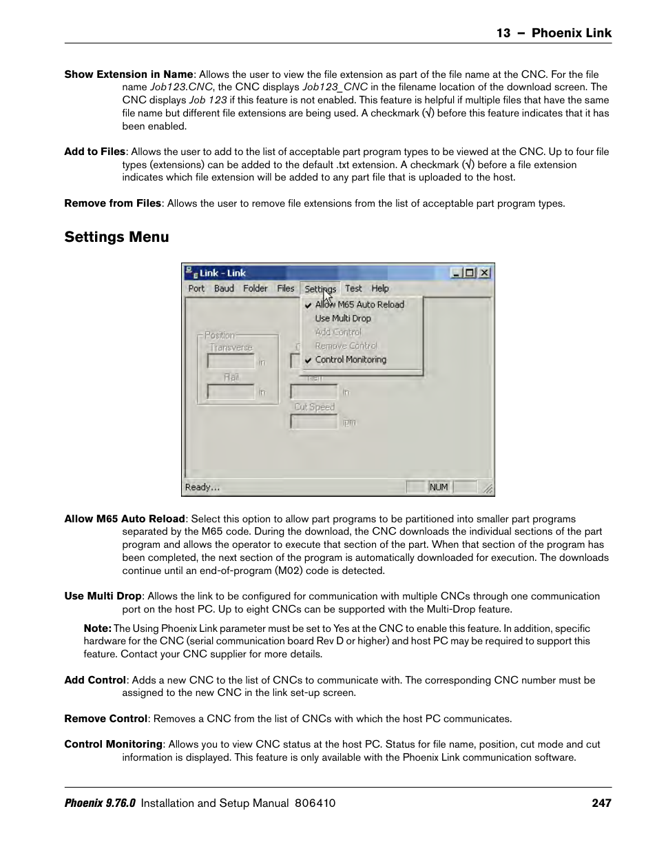 Settings menu | Hypertherm V9 Series Phoenix Rev.11 User Manual | Page 247 / 294