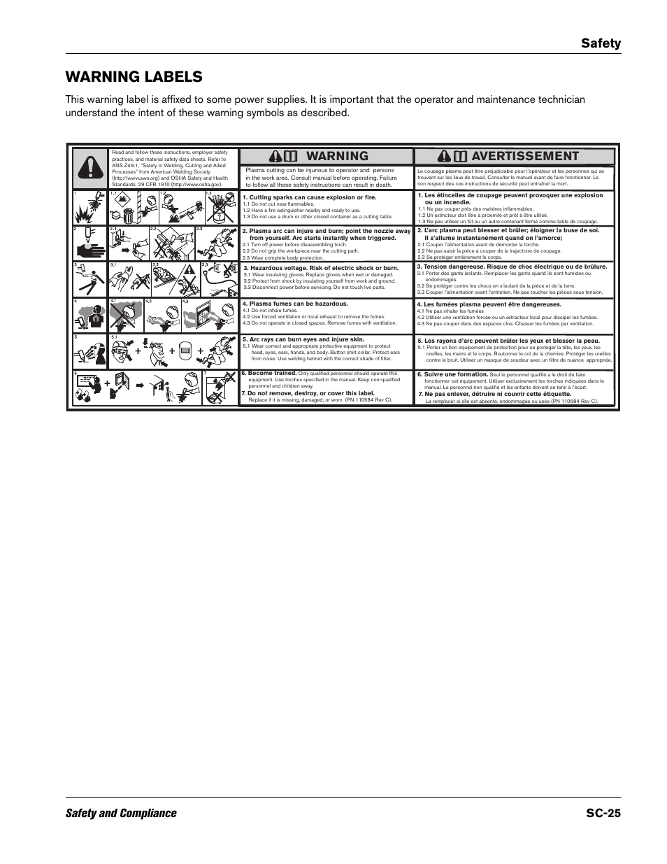 Warning labels, Safety, Safety and compliance sc-25 | Warning, Avertissement | Hypertherm V9 Series Phoenix Rev.11 User Manual | Page 25 / 294