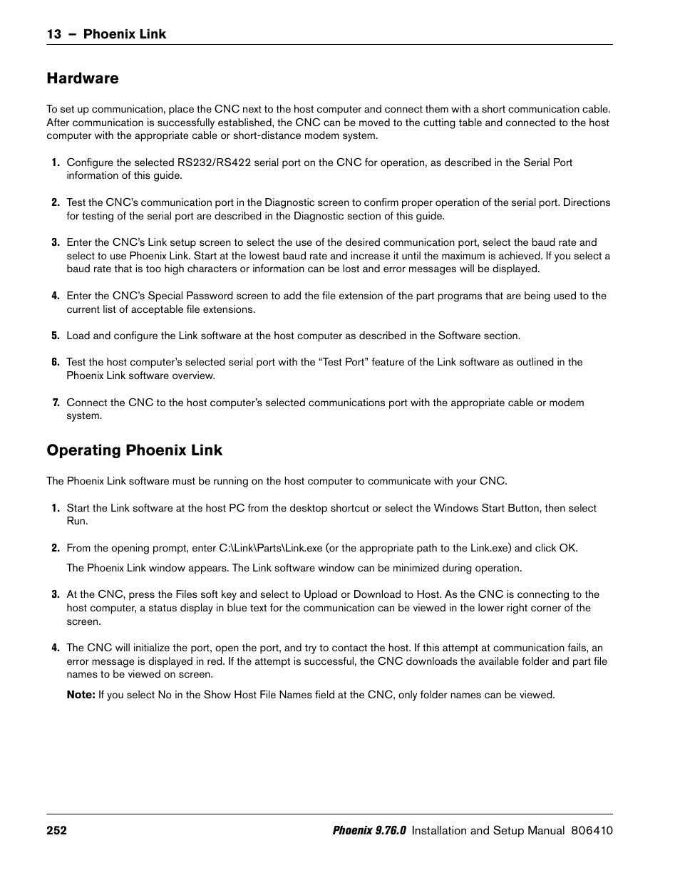 Hardware, Operating phoenix link | Hypertherm V9 Series Phoenix Rev.11 User Manual | Page 252 / 294