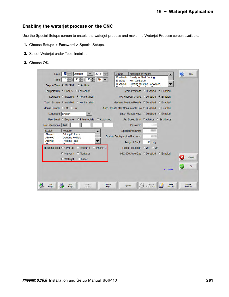Enabling the waterjet process on the cnc | Hypertherm V9 Series Phoenix Rev.11 User Manual | Page 281 / 294