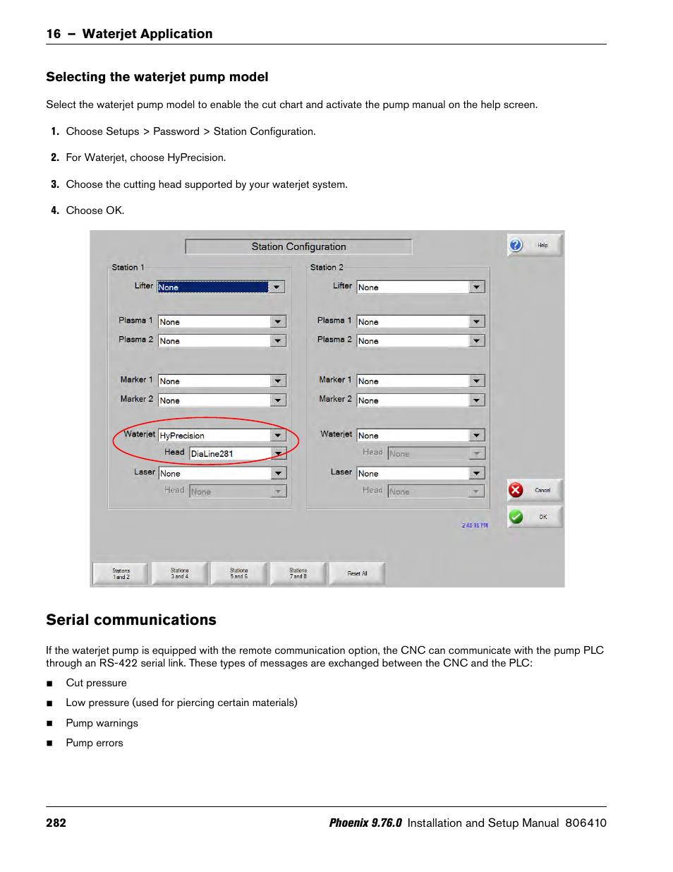 Selecting the waterjet pump model, Serial communications | Hypertherm V9 Series Phoenix Rev.11 User Manual | Page 282 / 294
