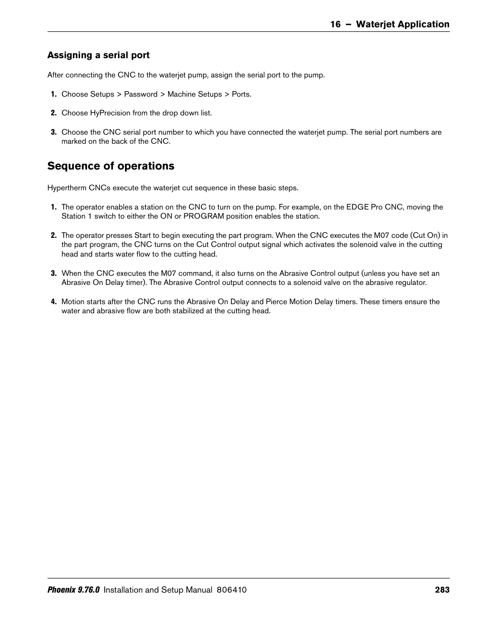 Assigning a serial port, Sequence of operations | Hypertherm V9 Series Phoenix Rev.11 User Manual | Page 283 / 294