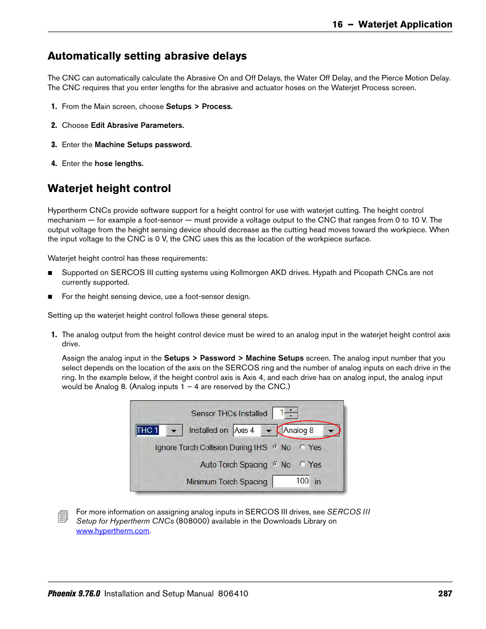 Automatically setting abrasive delays, Waterjet height control | Hypertherm V9 Series Phoenix Rev.11 User Manual | Page 287 / 294